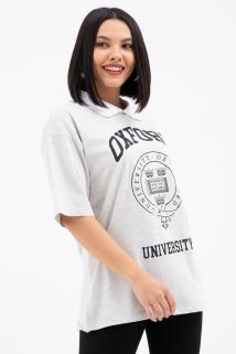 Gri Oversize Gömlek Yaka T-shirt