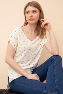 Kadın Sarı V Yaka Desenli Fitilli T-Shirt